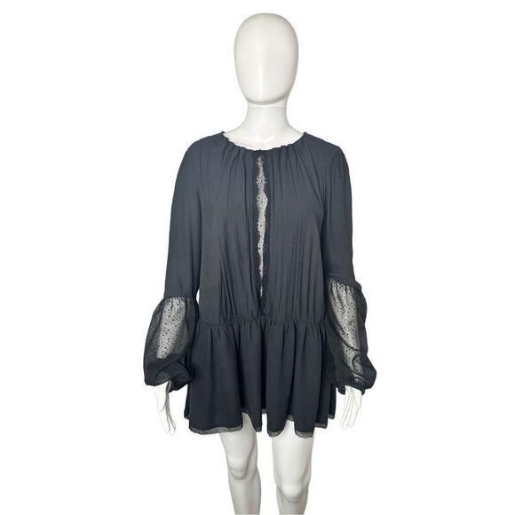 Free People Blouse Women’s Medium Soul Serene Black Polka Dot Chiffon Tunic Top - Picture 1 of 9